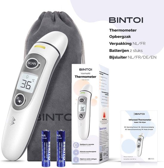 Bintoi® Thermomètre frontal - Indicateur de température - Thermomètre de fièvre pour adultes et bébés - Thermomètre infrarouge - Thermomètre frontal numérique