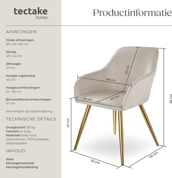 tectake® Marilyn Dining Chair - Avec accoudoirs - Chaise élégante avec assise en velours rembourrée - Tapissée - Pieds en métal doré - Chaise de cuisine ergonomique - Chaise pour salon, salle à manger et chambre à coucher - Taupe