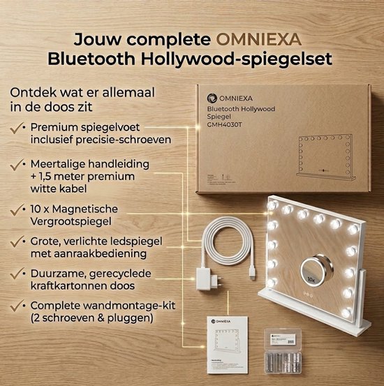 Miroir OMNIEXA Hollywood 58 × 46 cm – 15 ampoules LED – 3 couleurs de lumière – Intensité réglable – Grossissement 10x – USB-C – Miroir de maquillage – Miroir de coiffure – Coiffeuse – Blanc