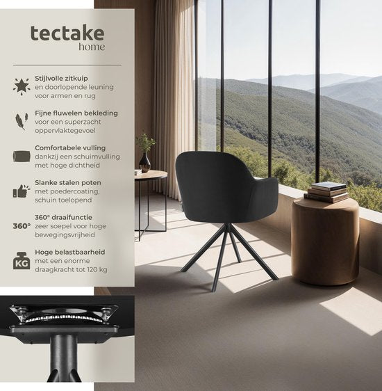 tectake® Chaise pivotante en velours - Chaise de bureau - Chaise de salle à manger avec accoudoirs - Chaise de bureau en velours, chaise de cuisine, chaise de salon - 56 x 59 x 81 cm - Noir/noir