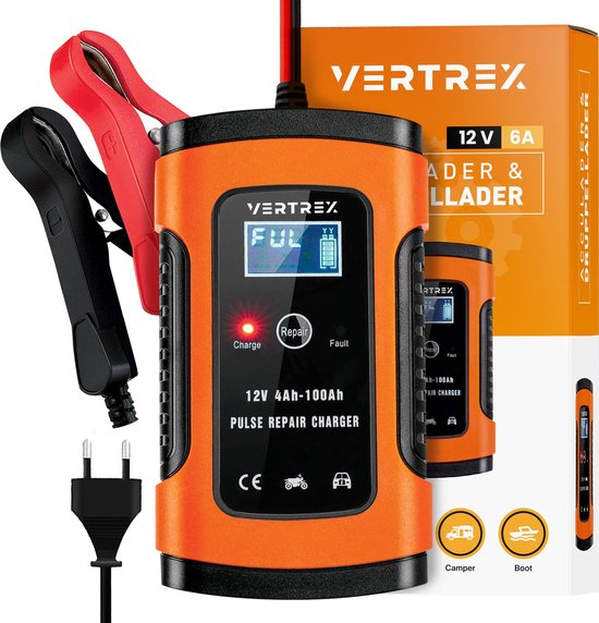 VERTREX Chargeur de batterie - Chargeur de secours - Convient à la moto, à l'auto et au scooter - 12V 6A