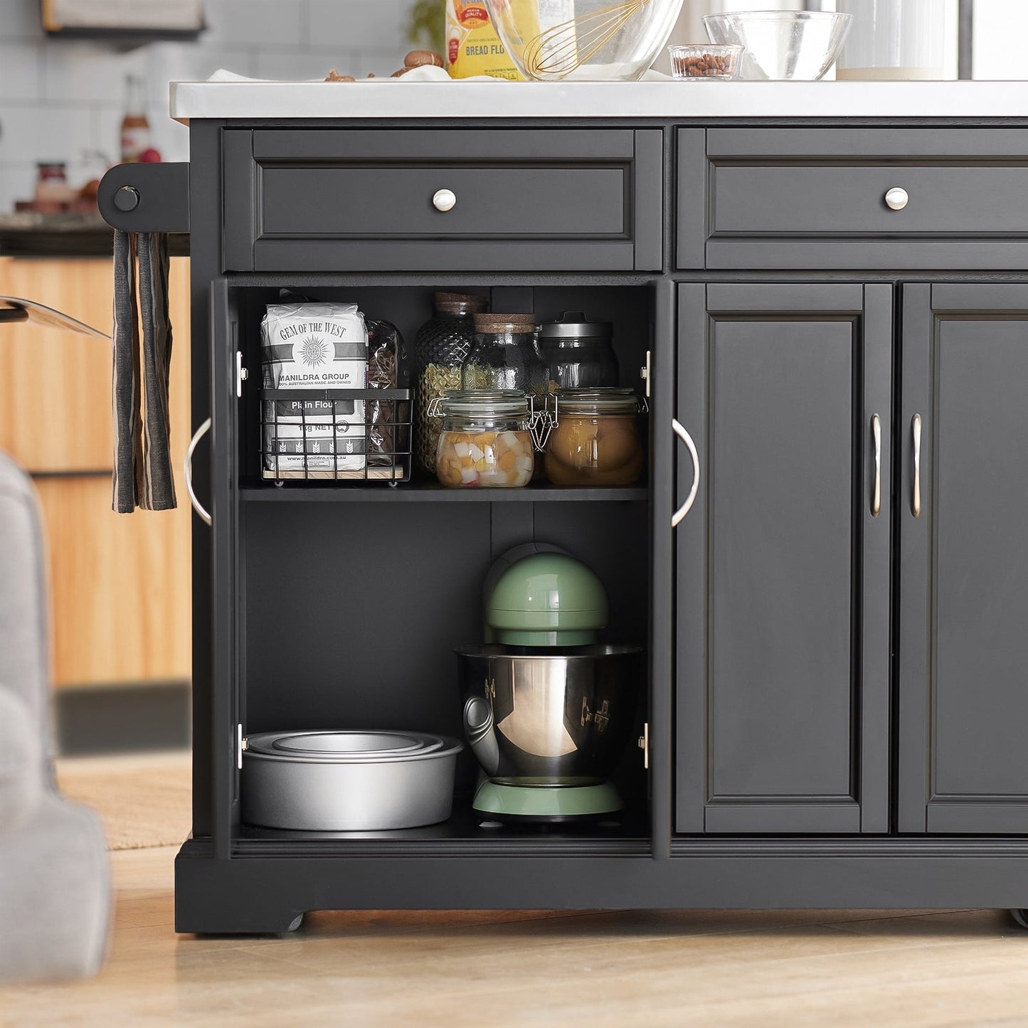 SoBuy - Ilot de cuisine avec plan de travail extensible - 115x92x46-71 cm - Noir