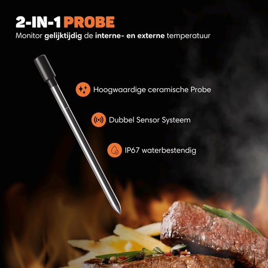 Vulpes Goods® Kitchen Meat Thermometer Wireless with App - 5-in-1 BBQ Thermometer - Oven Thermometer and Cooking Thermometer - Core Thermometer - 80m Range - 1 Probe - Stainless Steel - Water Resistant