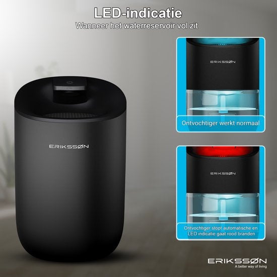 Déshumidificateur Dry Pro d'Erikssøn - Déshumidifie jusqu'à 0,6 litre par jour - Convient pour la chambre à coucher, la salle de bain, le salon et le sous-sol - Déshumidificateur