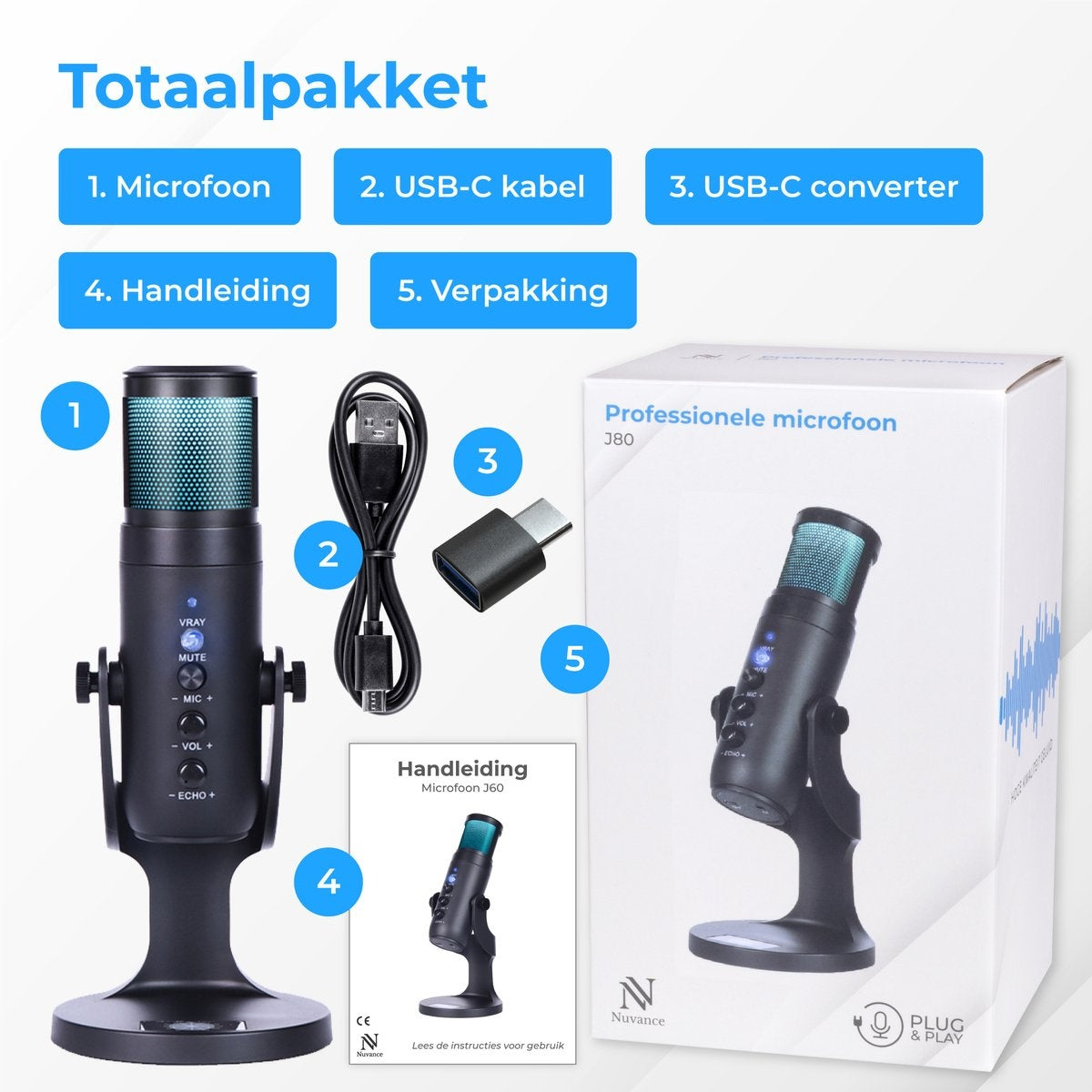 Nuvance - Microphone USB avec support - pour PC et Microphone de jeu - Microphone de streaming - RGB
