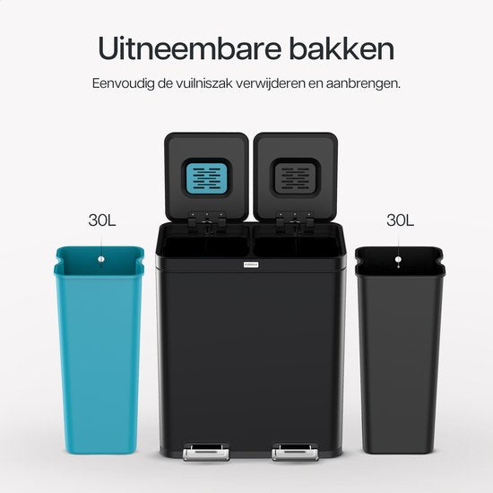 Deleca Recycle Bin with 2 Compartments - 60 Litres (2x30) Waste Bin - Waste Separation / Deposit Container / Pedal Bin - Garbage Bin with FreshAura Odour Control - Slow Close - Stainless Steel Black