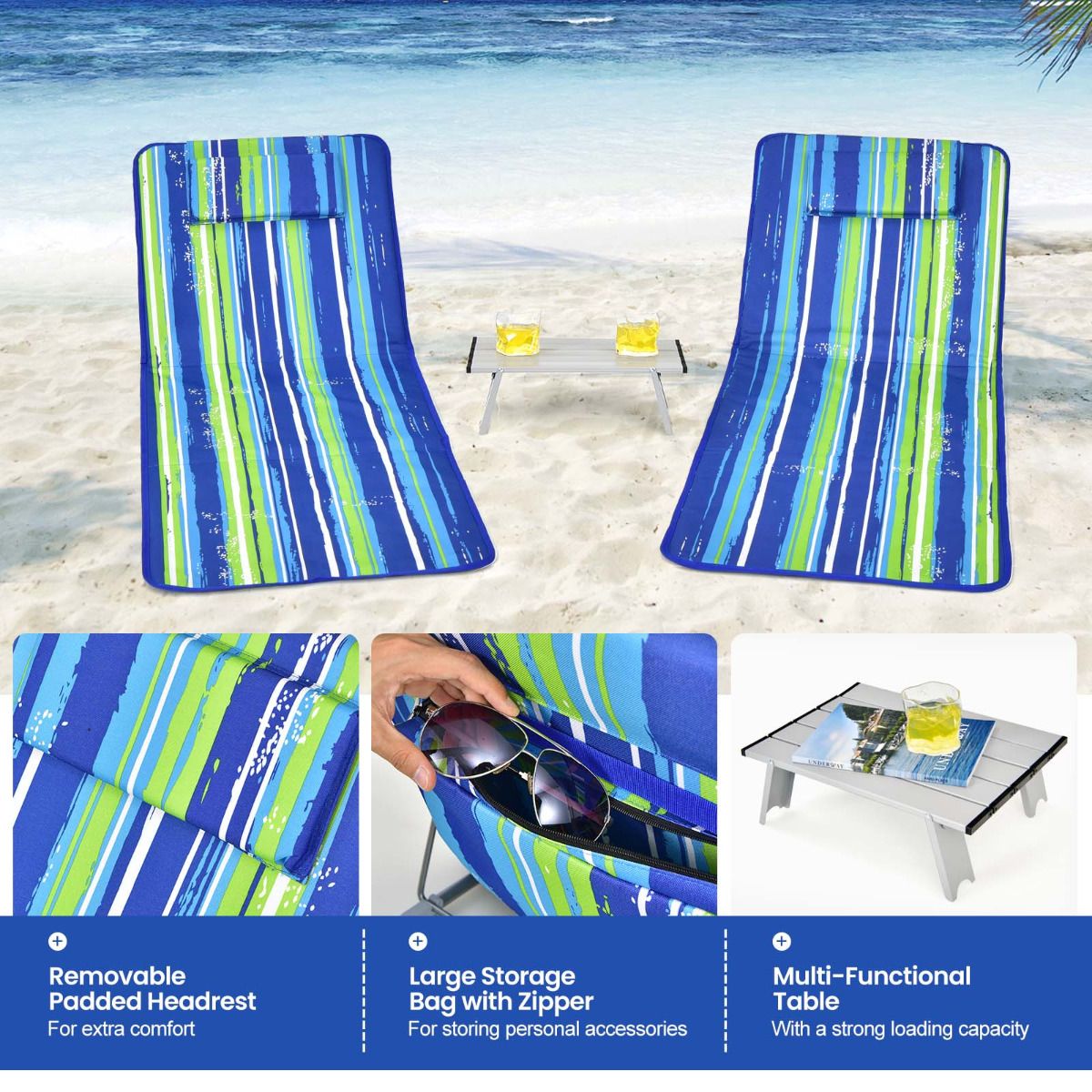 Tapis de plage Coast (2 pièces) avec table d'appoint - 151 x 56 x 27 cm - Vert / Bleu