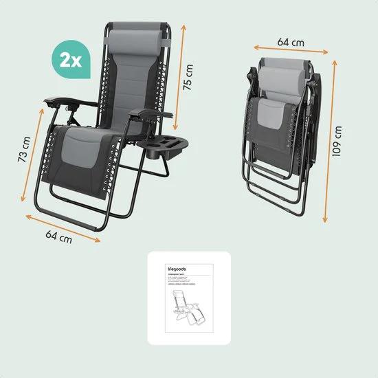 LifeGoods Chaises longues confort - pliable - 30°-90° réglable - support pour gobelets et téléphone - chaises de jardin - noir/gris