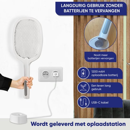 TTD® Premium Electric Fly Swatter and Mosquito Lamp Rechargeable - 2 Stages Fly Swatter and Mosquito Lamp - 2500 Volts - Avec filet de sécurité - Lumière UV - Attrape-mouches - Lampe à mouches - Lampe à moustiques pour l'intérieur et l'extérieur - Attrape