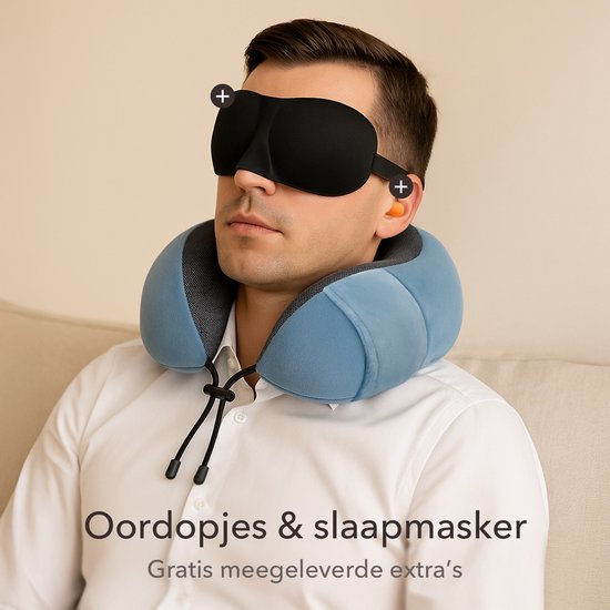 SKYCASES Travel Essentials - Ensemble d'oreillers de cou 3 pièces - Oreiller de voyage ergonomique en mousse à mémoire de forme avec masque pour les yeux et bouchons d'oreille - Idéal pour l'avion, la voiture et le train - Compact et luxueux - Bleu royal
