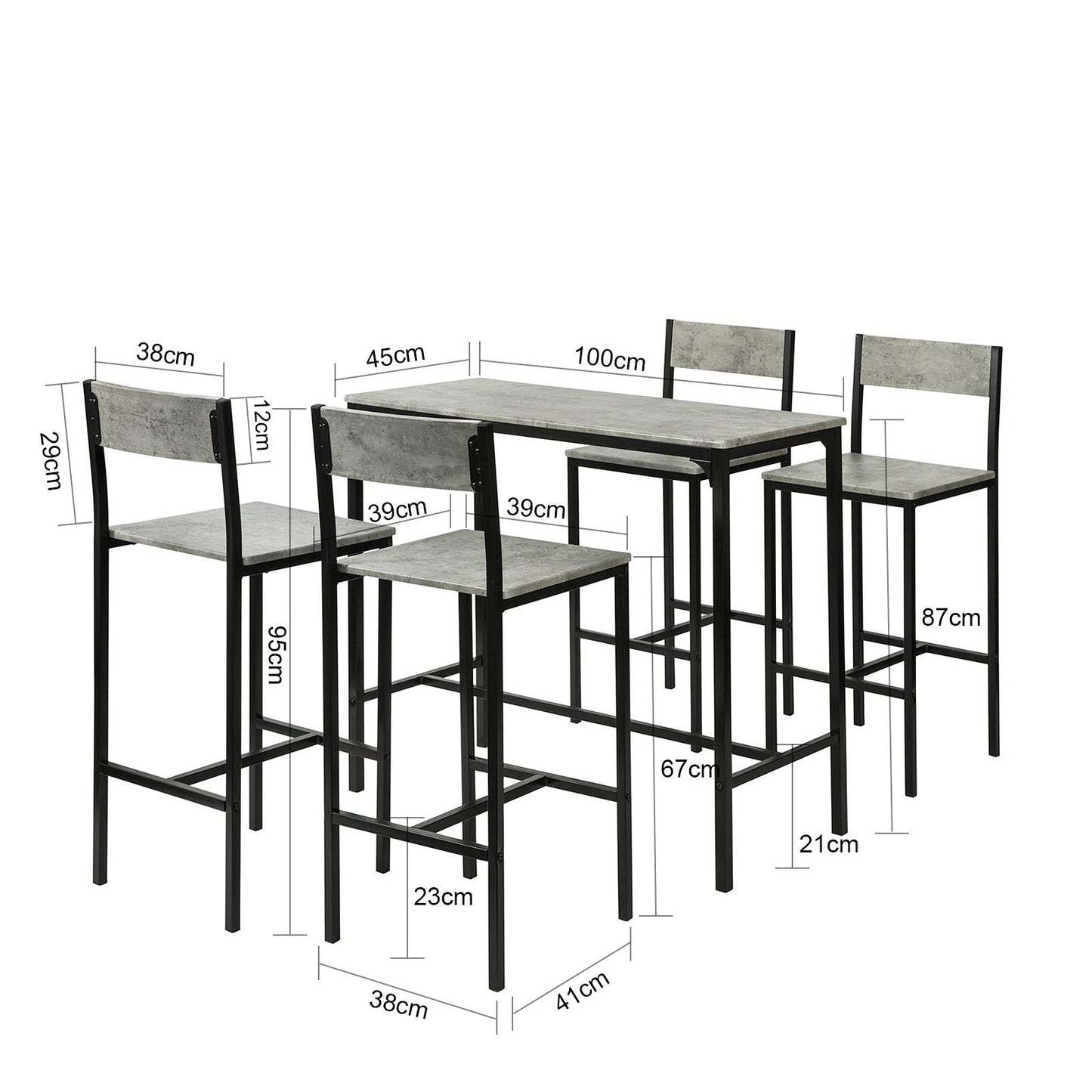 SoBuy Table de bar + 4 tabourets avec dossier - Moderne - max 120 kg - Gris/Noir