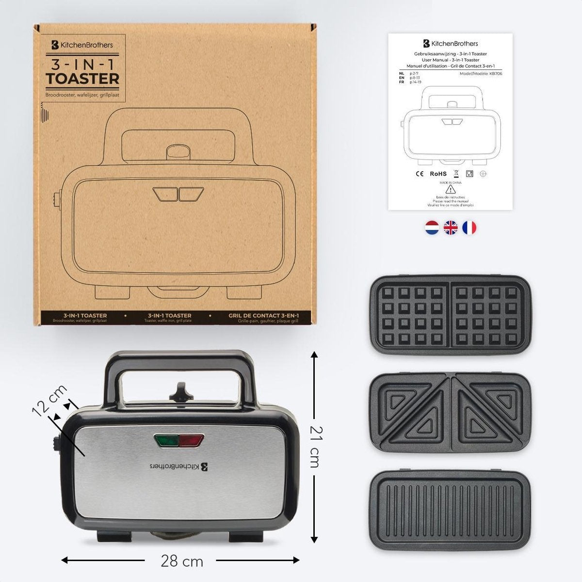 Appareil multifonction 3-en-1 KitchenBrothers - Gaufrier/Grill/Croque monsieur - Plaques interchangeables - acier inoxydable