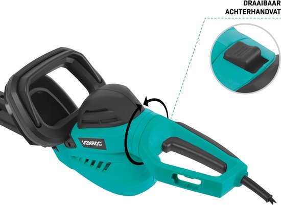 VONROC Taille-haie 600W - Longueur de lame 660 mm - avec poignée rotative à 180° - Ecartement des lames 16 mm - Avec étui de protection