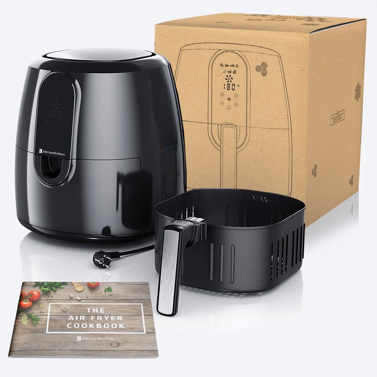 Airfryer - KitchenBrothers - Friteuse à hair chaud - 7,2 L -1890 W - Friteuse sans huile - 7 programmes de cuisson - noir - + un livre de recettes