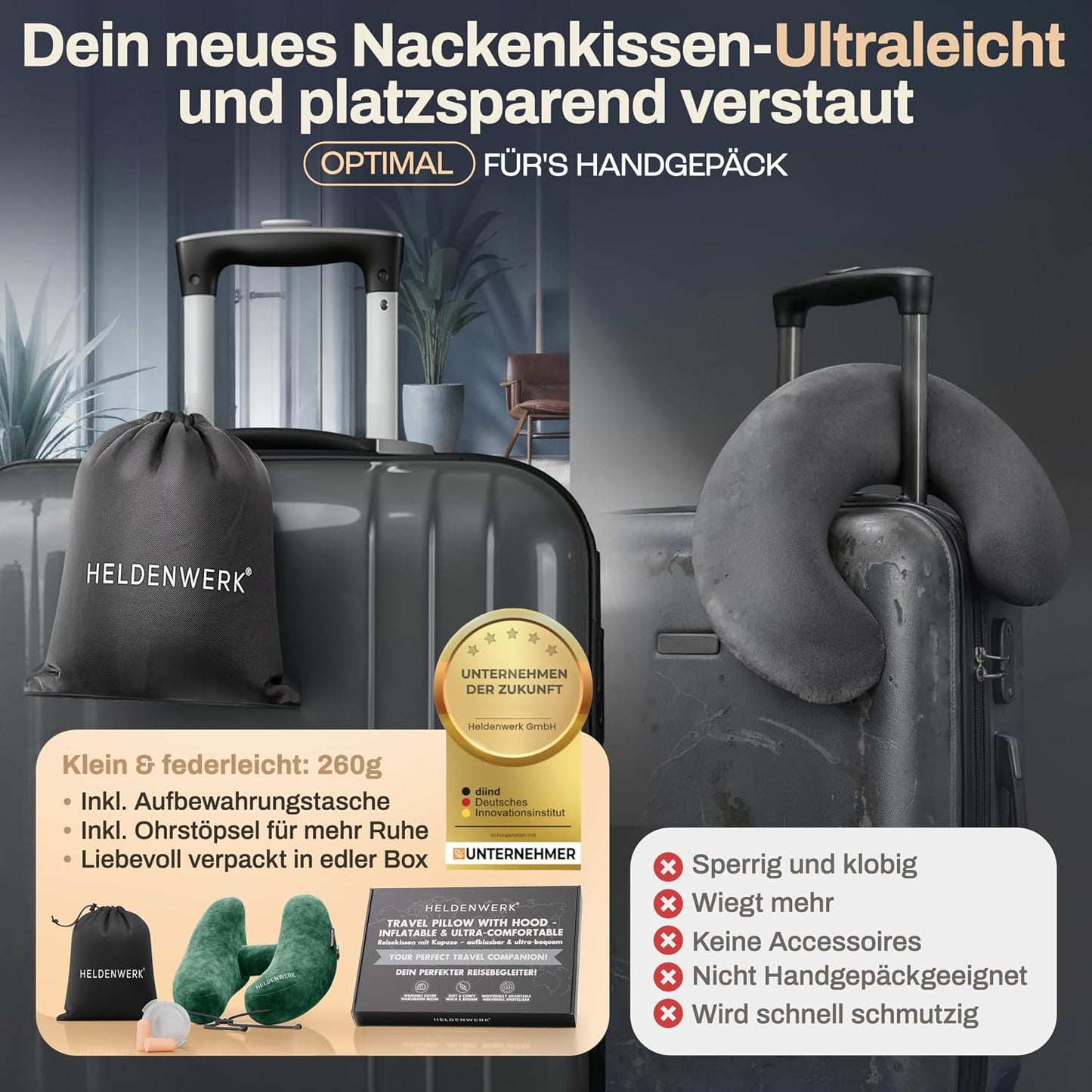 Oreiller cervical Heldenwerk® Premium Air – ErgoRing – Gonflable – Avec capuche et bouchons d'oreille
