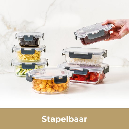 Stosh Meal Prep Trays - Plateaux fraîcheur - Plateaux congélation - Etanches à l'air - 5 pièces - 1L - Sans BPA - Verre