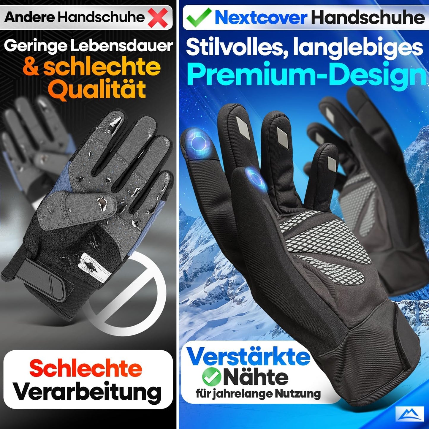 Nextcover® Gants de vélo d'hiver homme et femme avec ThermoShield 2.0 I Gants de vélo d'hiver unisexe dans les tailles S-XXL I Gants de vélo d'hiver chauds et imperméables thermo gants d'hiver imperméables