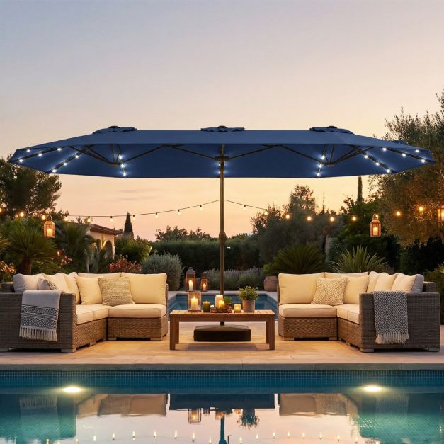 Parasol de jardin Coast avec éclairage LED solaire – Parasol inclinable avec manivelle et 8 baleines – Bleu
