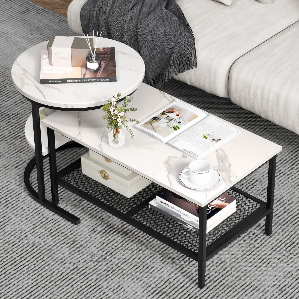Ensemble de tables d'appoint Coast - table basse et table d'appoint - plateau aspect marbre - noir et blanc