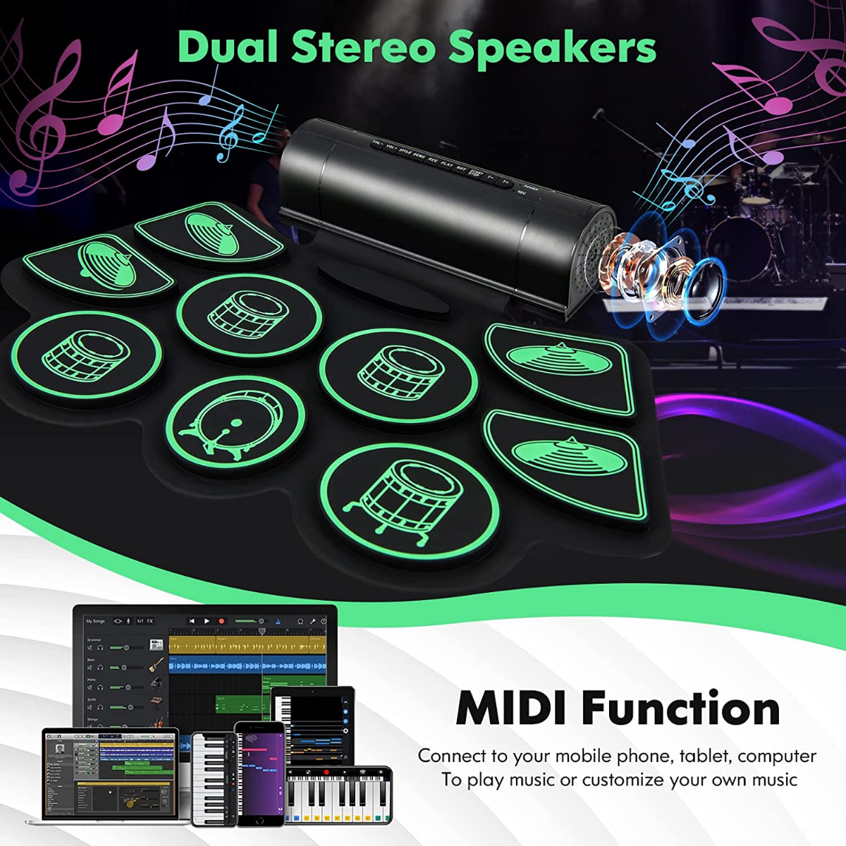 Coast electric drums with 9 pads roll-up drums training pad with 2 stereo speakers