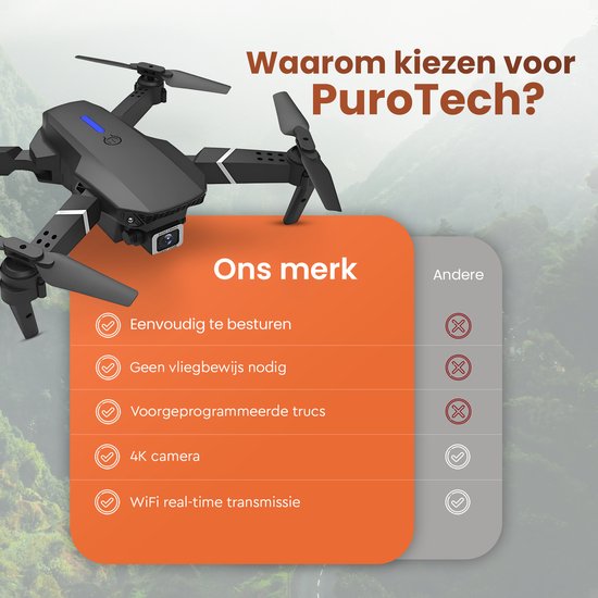 PuroTech Quad Drone 4K Camera - Sac de transport inclus - 3 batteries - 36 minutes de vol - Aucune licence de vol requise - Mini Drone - Adultes / Enfants - Intérieur et extérieur