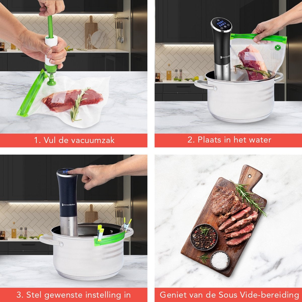 Sous Vide Stick - KitchenBrothers - avec livre de cuisine - 1200W - Black/RVS