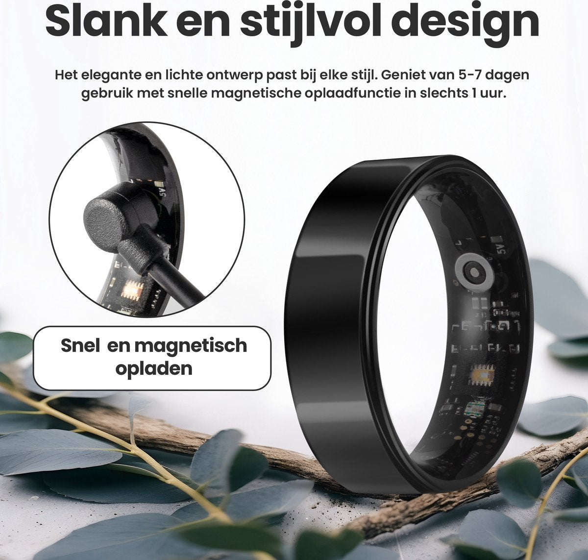 Saaf Smart Ring - Noir - Taille 8 - Traceur d'activité mince pour les femmes et les hommes