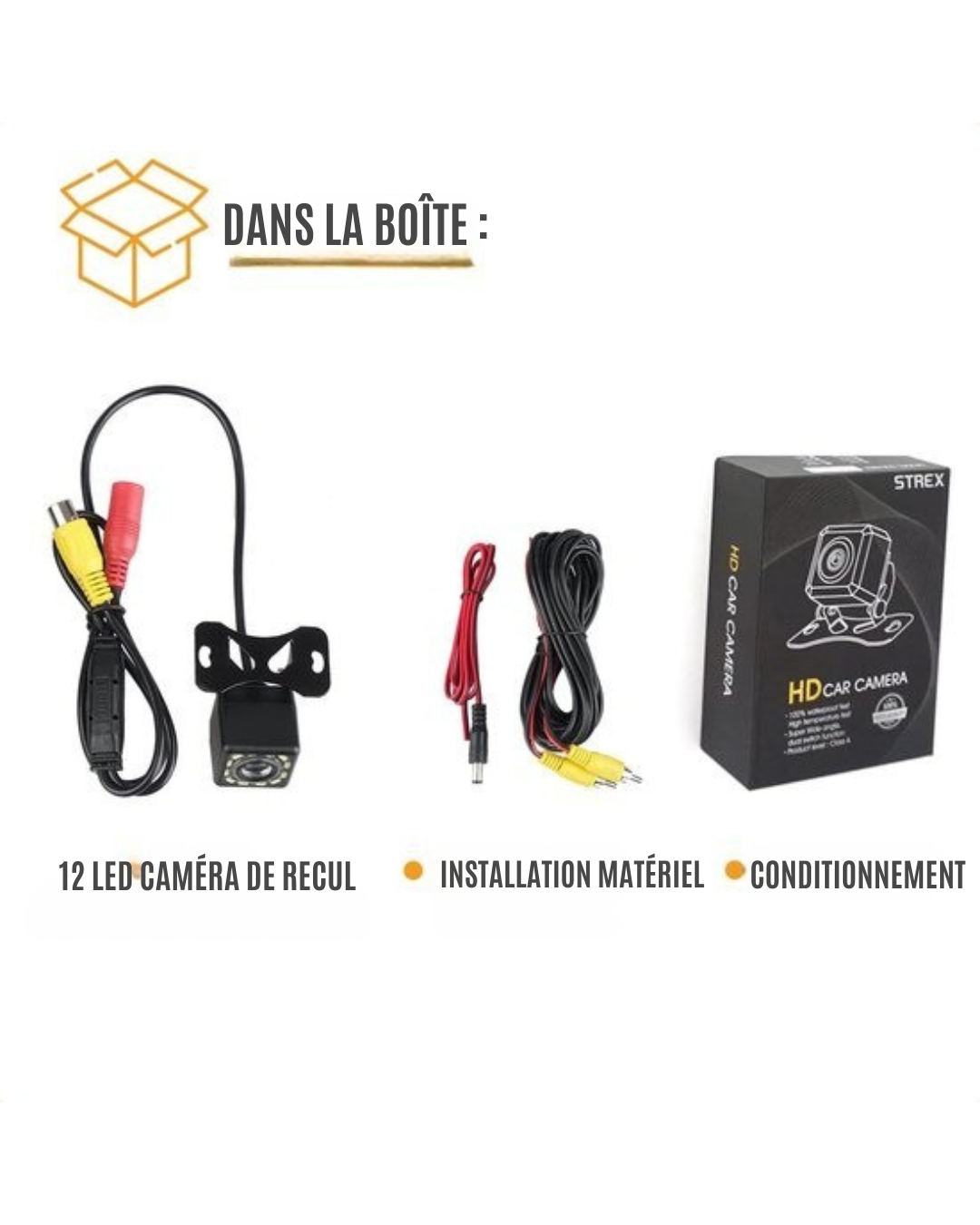 Caméra de recul Strex - RCA universel - Vision nocturne 12 LED - Étanchéité IP68 - voiture - noir