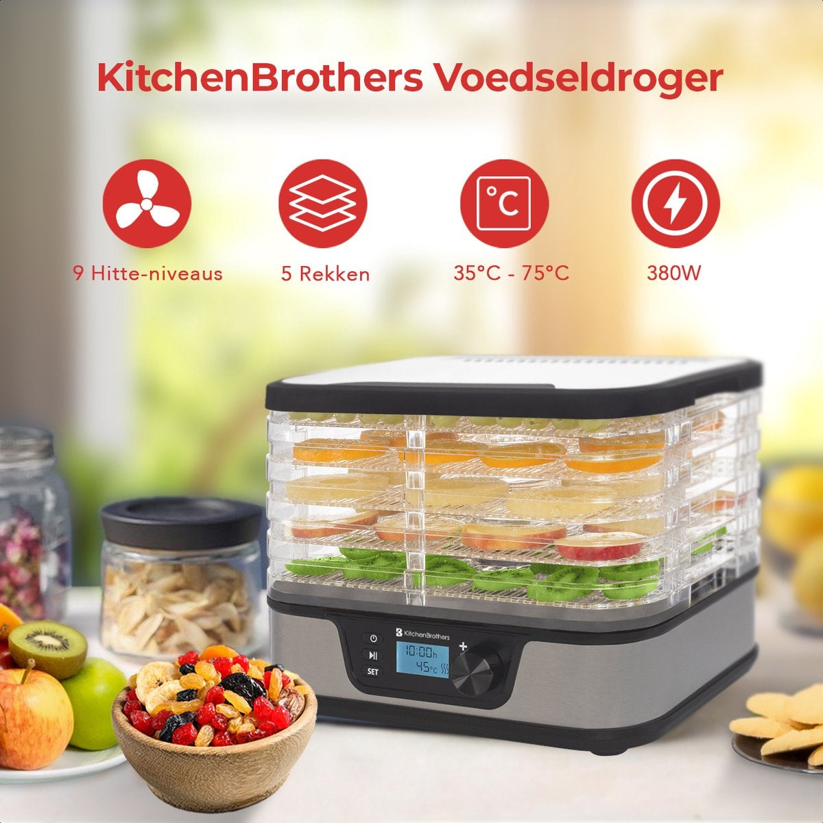 Séchoir à aliments - KitchenBrothers - électrique 380W - 5 couches - 9 niveaux de chaleur - 35°C à 75°C - minuterie - acier inoxydable/noir