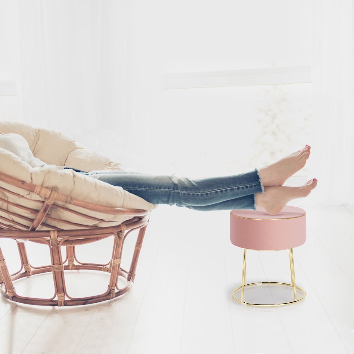 Pouf rond en velours Coast avec pieds métalliques - Tabouret rembourré pour maquillage - Capacité de charge : 150 kg - 34 x 34 x 41 cm - Rose