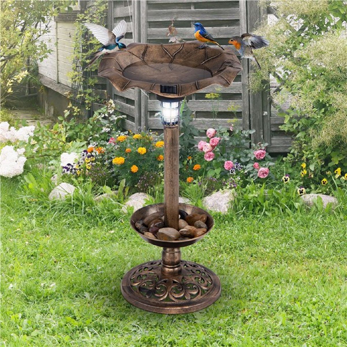Bain d'oiseaux Coast avec éclairage solaire - Mangeoire à oiseaux et jardinière - Décoration de jardin rétro 43 x 76 cm, couleur bronze