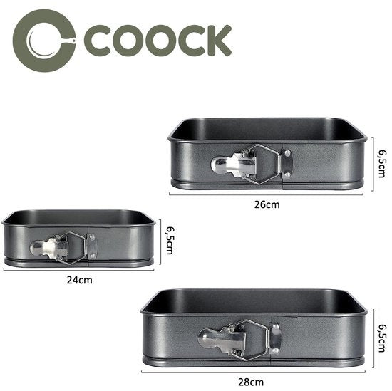 COOCK 3-Piece Baking Tray Set Square- Springform - Cake Tray Rectangle with Non-stick Coating - 24 to 28 Cm Diameter -Cake Pan Incl. Dough Scraper & E-Book