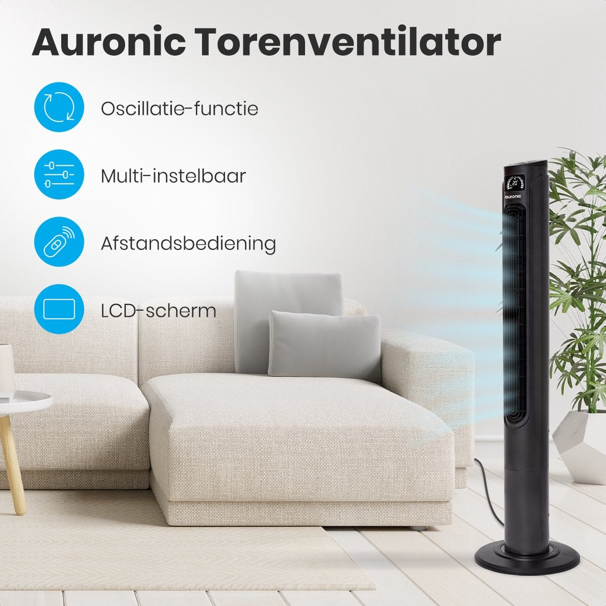 Ventilateur sur Pied - Auronic - avec Télécommande – Tour 118 cm – Minuterie - 55W, 45 dB – Gris Foncé