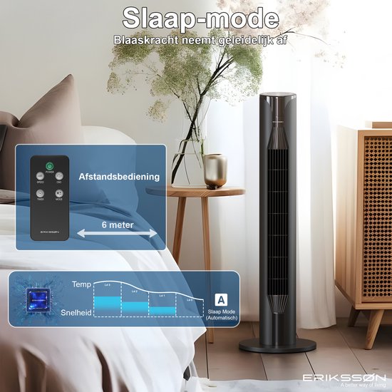 Ventilateur de tour Erikssøn - Silent Comfort Series - Ventilateur sur pied avec télécommande - Minuterie - 3 vitesses - 55W - 39 dB - 106cm - Efficace sur le plan énergétique - Ventilateur de refroidissement pour la pièce - Noir