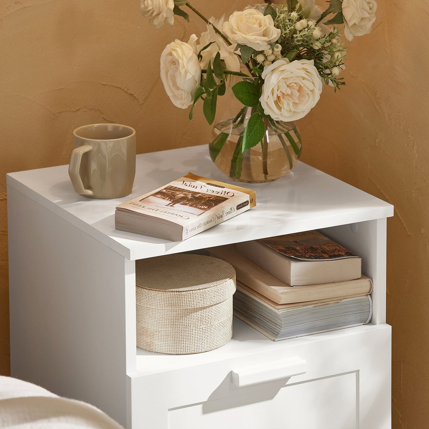 SoBuy Table de chevet - avec compartiment ouvert et tiroir - max. 30 kg - 39 x 38 x 55 cm - blanc