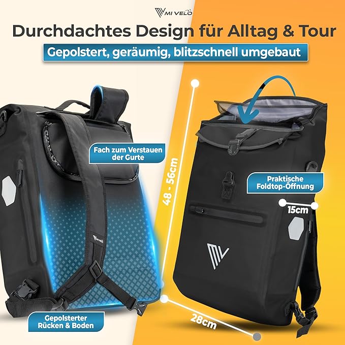 MIVELO Pannier Bag - 3-in-1 - Sac à dos - Sac de transport de bagages - Imperméable - Compartiment pour ordinateur portable - 20L