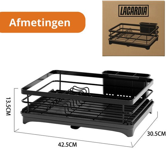 Égouttoir LaCardia - Égouttoir à vaisselle noir avec bac de récupération et porte-couverts - Égouttoir à vaisselle en acier inoxydable