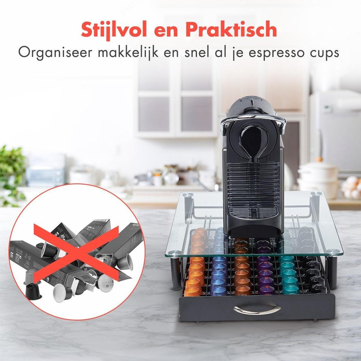 KitchenBrothers Porte-capsules - avec tiroir - Nespresso - 60 tasses - Verre - inox/noir