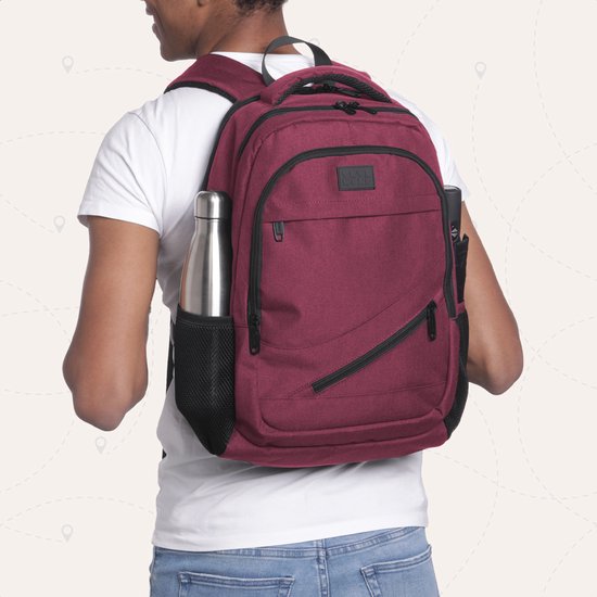 TRVLMORE Sac à dos à vie - Sac à dos avec compartiment pour ordinateur portable de 15,6 pouces - Cartable - Résistant aux éclaboussures - Hommes et femmes - Garçons et filles - 28L - Bourgogne