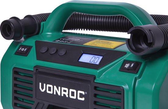 VONROC Compresseur Accu - VPower 20V - Sans batterie ni chargeur - Batterie 20V et connexion 12V - 11 bar - 8 accessoires inclus