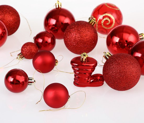 Boules de Noël Deuba - Lot de 102 boules en plastique Ø3-6cm - Rouge brillant mat