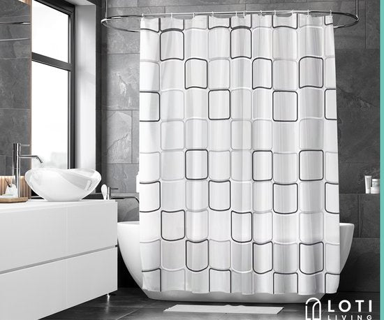 Loti Living Rideau de douche anti-moisissure - Design cubique - Anneaux inclus - Imperméable - Polyester - Rideau de douche 180x200 cm