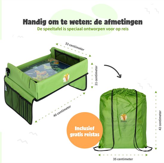 Qualita® Table de voyage pour enfants verte - Support de tablette pour voiture - Table de voiture - Table de jeu pour voiture - Organisateur de voiture pour enfants - Table de dessin pour voiture - Table de voyage pliable - Table de voyage pliable - Quali