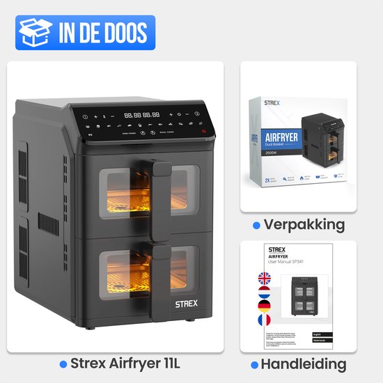 Strex Airfryer à double panier 11 L XXL, friteuse à air chaud 2 500 W - Airfryer à 2 paniers - Dual Basket - 13 programmes de cuisson - Grande friteuse à air chaud verticale pour toute la famille