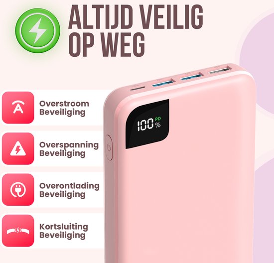 Strex Powerbank Pink - 27 000 mAh - Charge rapide 22,5 W - USB-A/USB-C - Indication LED - Powerbank universel adapté à iOS/Android, entre autres