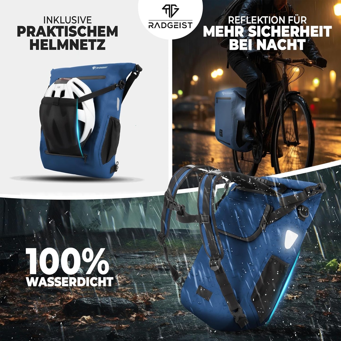 RADGEIST 3in1 sacoche vélo pour porteur I sacoche vélo, sac à dos et sac à bandoulière 18-22L I sacoche vélo 100% étanche Bleu