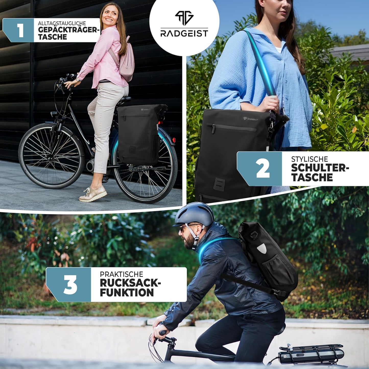 RADGEIST 3in1 bike bag for carrier I sac à vélo, sac à dos et sac à bandoulière 18-22L I sac pour vélo 100% étanche noir