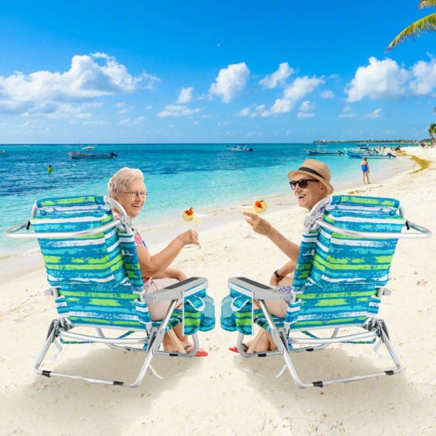 Chaise de plage confortable Coast avec dossier réglable en 5 positions, pliable, structure légère en aluminium, porte-gobelet et compartiments de rangement - Bleu/Vert, 66x65x78 cm