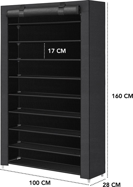 Brixy Shoe Rack XXL - Armoire à chaussures à 9 niveaux - Jusqu'à 54 paires de chaussures - 160x100x28cm - Noir