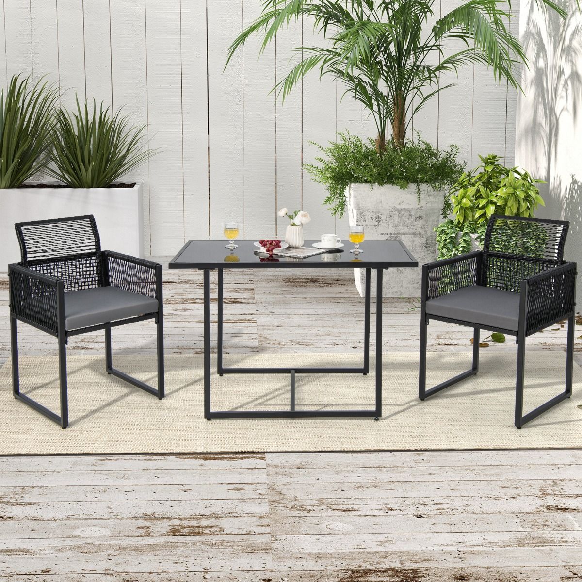 Coast Terrace Furniture Set 3-Piece PE Rattan Black with Folding Backrest, Table 108x60x72 cm and Chairs 54x52x85 cm